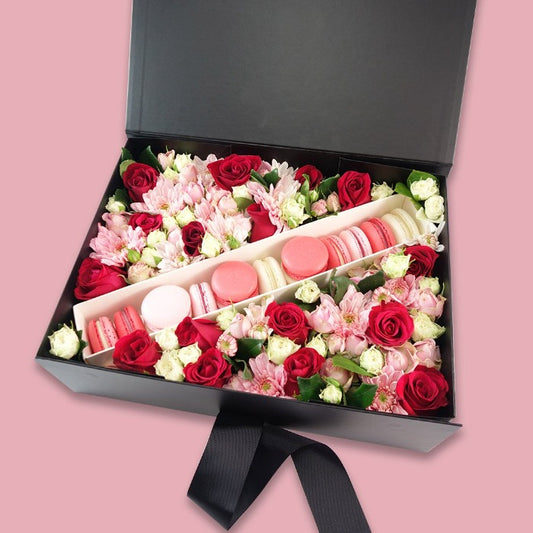 Deluxe Box of Flowers & Macarons