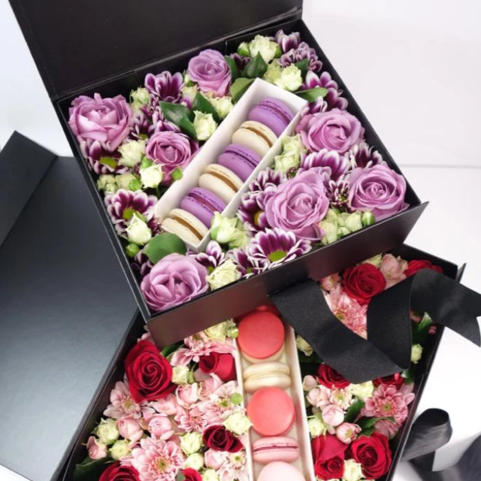 Deluxe Box of Flowers & Macarons